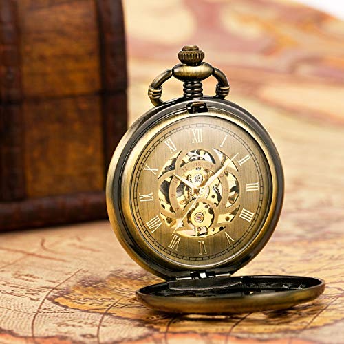 Image of ManChDa Antique Mechanical Pocket Watches for Men Lucky Dragon Phoenix Pocket Watch with Chain Skeleton Dial Roman Numerals Gifts for Fathers Day