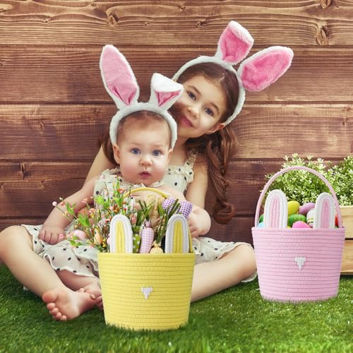 Image of Suzile 4 Pcs Easter Basket with Bunny Ears for Kids Cotton Woven Easter Egg Hunting Rabbit Shape Basket for Children Kids Babies Party Gifts, 9.8 x 7.8 x 7.8