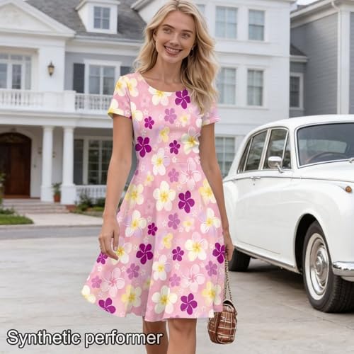 Image of HUGS IDEA Womens Puffy Swing Midi Dress Round Neck Short Sleeve Party A-Line Dresses