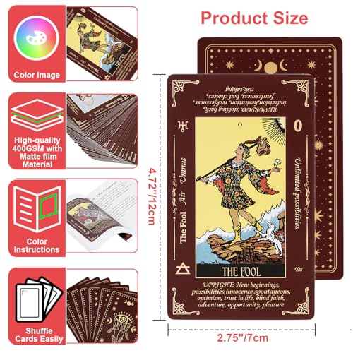 Image of MAKABEE Tarot Card Game, 78 Pieces Tarot Deck, Classic Tarot Cards for Beginners and Experts with Guide Book, Mindfulness and Self-Discovery Tool, Spiritual Gift for All Skill Levels, Red