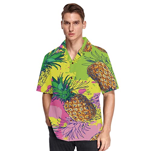 Arte De Piña Amarilla Camisa Hawaiana para Hombre Manga Corta Informal con Botones Pantalones Cortos de Playa