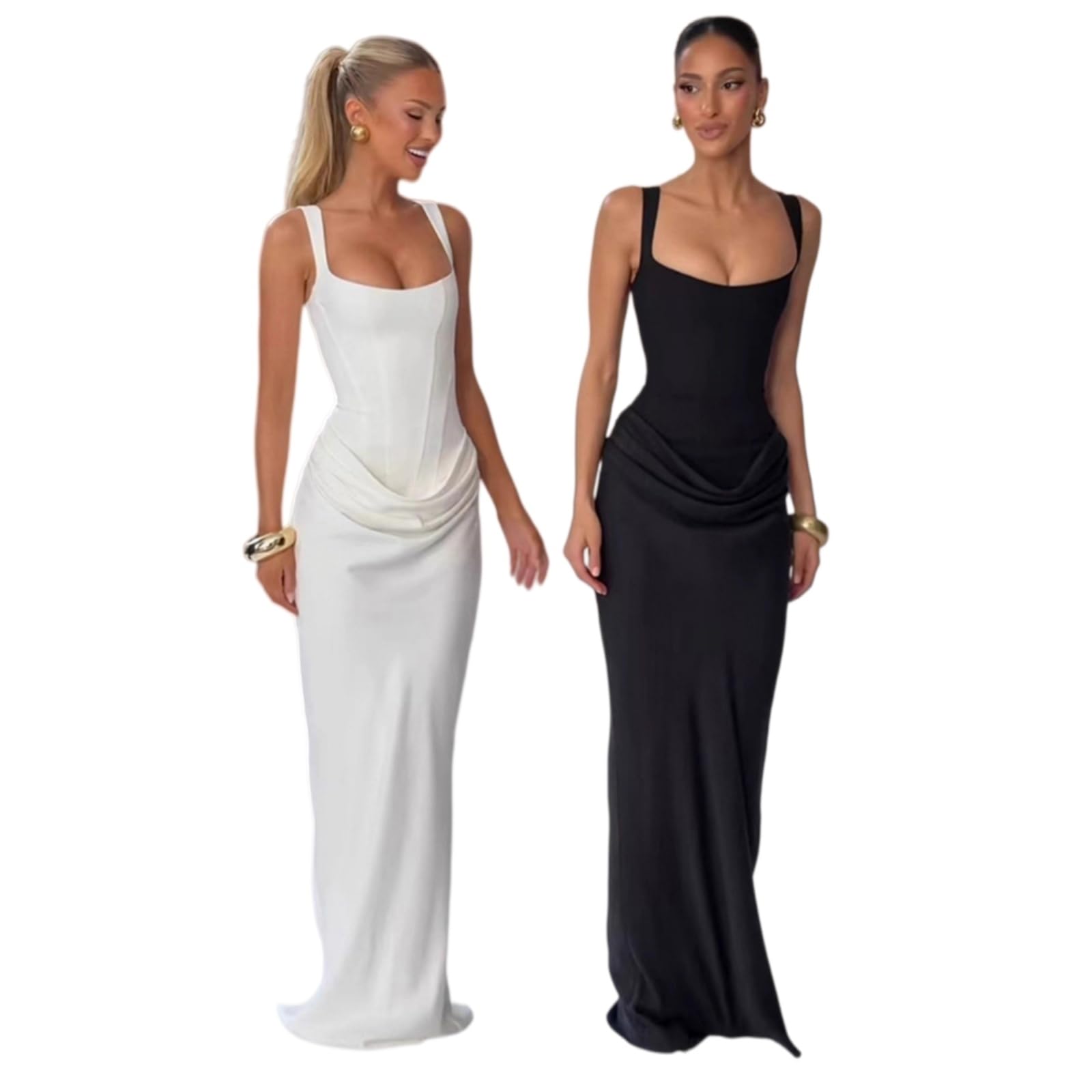 Vestito Donne Elegante Maniche Senza Schienale Maxi Abito Collo Basso Ruched Slim Fit Piegato Design Festa Banchetto Chic Lungo Vestidos-White-l