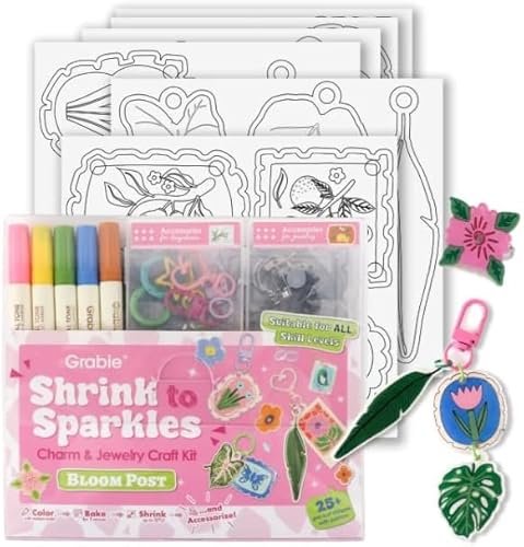 Grabie DIY Shrink Art Craft Kit Jewelry Making Kit for Kids Adults, 25+ Pre-Cut Shapes, 5 Dual-Tip Markers, Custom Charms, Pins, Rings, Keychains (Bloom Post - for Art Lovers)