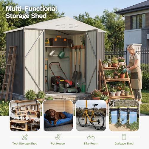 Image of Devoko 8 x 6 FT Storage Sheds with Floor Frame, Waterproof Garden Tool Shed with Lockable Door, Outdoor Metal Utility Shed for Backyard Patio Lawn, Gray
