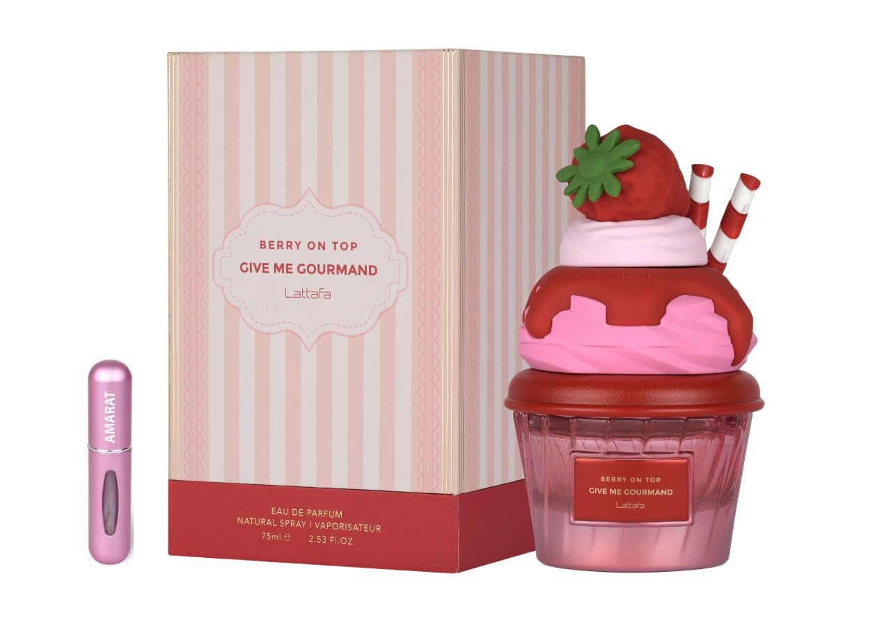 Lattafa Berry On Top Eau de Parfum 75ml, Perfume Árabe Unisex de Larga Duración, Incluye Atomizador Recargable, Fragancia Dulce, Frutal y Cremoso con Notas de Fresa, Vainilla y Almizcle (Berry On Top)
