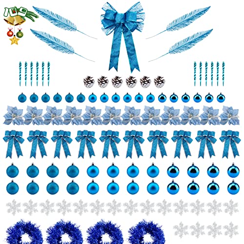 LAWOHO Lot de 109 décorations de sapin de Noël en forme de nœud, poinsettia à paillettes, nœuds, boules, flocons de neige et diverses décorations, pour sapin de Noël, fête de mariage (bleu) Cover