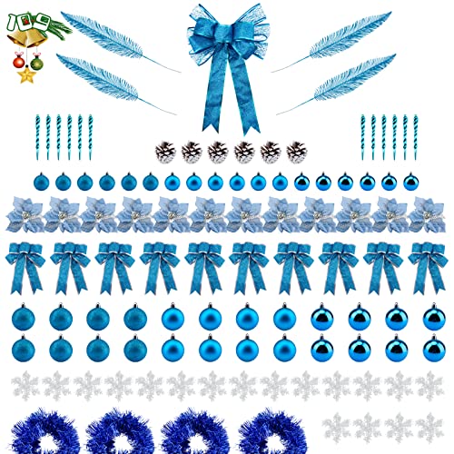 LAWOHO 109PCS Christmas Tree Ornaments Set, Bow Tree Topper, Glitter Poinsettia, Bows, Balls, Snowflakes and Various Decorations, for Xmas Tree Holiday Wedding Party Decor(Blue)