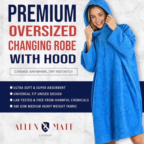 Image of ALLEN & MATE 100% Cotton Hooded Surf Poncho Changing Robe - Quick Absorbent Changing Towel with Pocket for Surfing Men Women