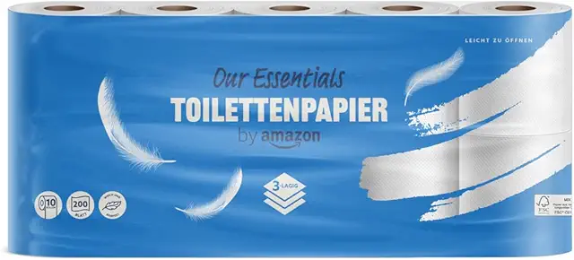 Amazon Toilettenpapier 3-lagig, 10 Rollen - Weich & reißfest, FSC-zertifiziert