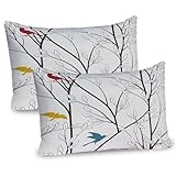 Ambesonne Nature Pillow Sham Set of 2, Birds Wildlife Cartoon Like Image with Tree Leaf Art Print, Quality Microfiber Bedding Item for All Seasons, 30' x 20', Mustard Maroon