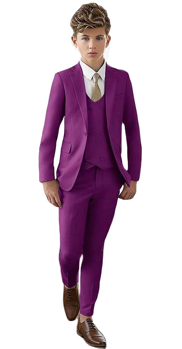 Botong Peak Lapel Suit for Boys Slim Fit Blazer Vest Pants Boys Party Suit Boys Formal Suit Child Wedding Tuxedos Purple 14 Years