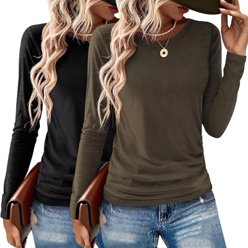 Image of Gihgoew 2 Pack Womens Tops Crewneck Soft Long Sleeve Shirts Fall Clothes Casual Tshirts Basic Tee