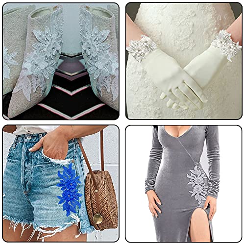 1 Pair 3D Lace Applique, Sew On Flower Bead Patches Embroidery Floral Motif Beaded Rhinestones Lace Trim Fabric Pearl Appliques Sewing Wedding Bride Dress Veil Clothes Decor (Black) #TOP6