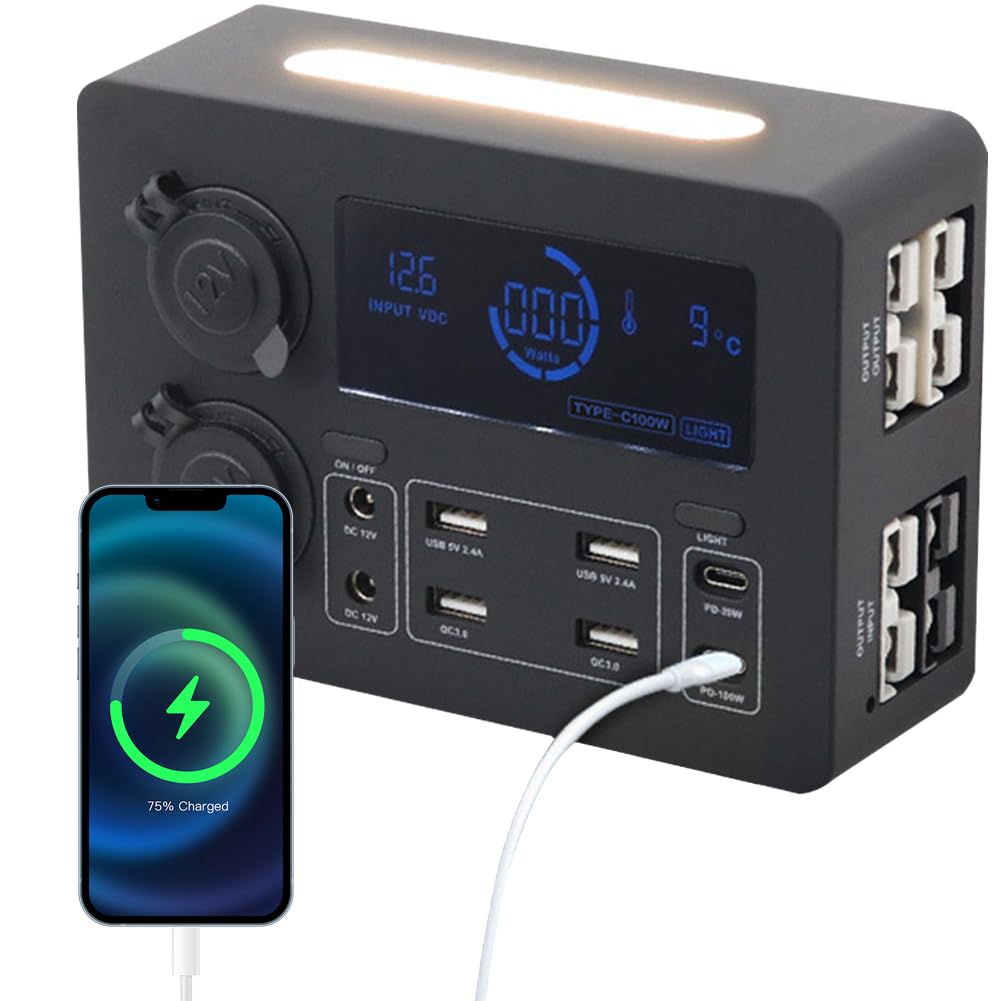 Skrzynka zasilająca z wyświetlaczem LCD 12 V 100 W z diodami LED, przenośny koncentrator sterowania, złącza USB C i QC3.0, mini skrzynka rozdzielcza zasilania do samochodów kempingowych
