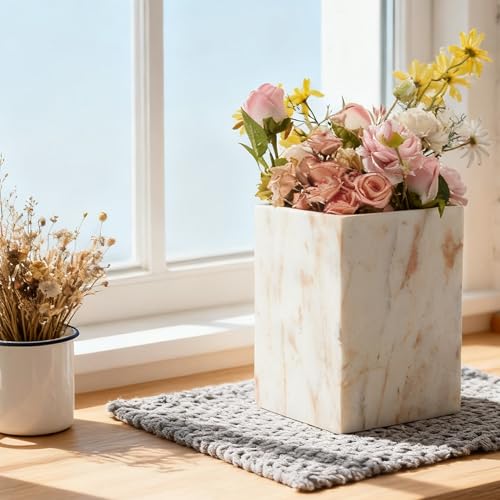 Image of Natural Marble Rectangular Trash Can, 1.9 Gallon /7.2 Liter Garbage Bin, Decorative White Gold Marble Wastebasket, Waste Basket for Bathroom, Bedroom, Home Office, Laundry Room, Kitchen