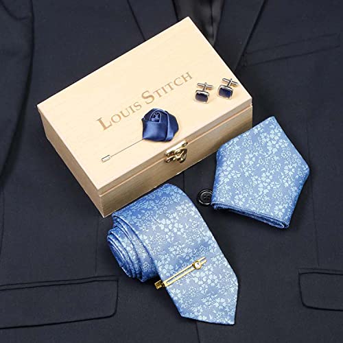 Image of LOUIS STITCH Mens Silk NeckTie Golden Tiepin Gift Combo Set With Pocket Square Cufflinks Brooch Tie Golden Tiepin (Suit Accessories) (Britain)