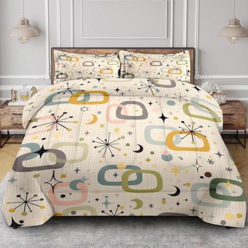 Nesphy Retro Mid Century Diamond Queen Comforter Set, Atomic Starburst Modern Bedding Set 3 Piece, All Season Soft Children Adults Bedroom Bed Decoration Comforter and 2 Pillow Shams