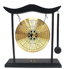 Hooshing Zen Art Brass Feng Shui Desktop Gong with Stand Asian Decor for Home Office Chinese Zodiac Signs