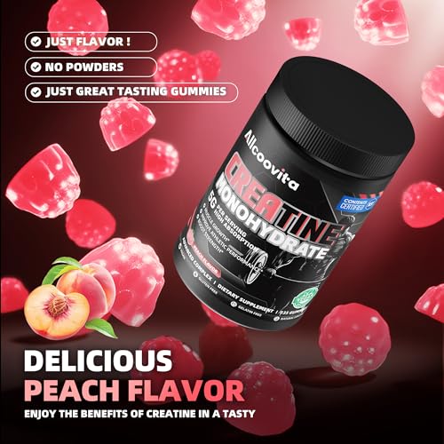 Image of Allcoovita Creatine Monohydrate Gummies for Men & Women. Boost Focus,Strength, and Endurance, Anti-Melting Formula, Vegan, Gluten-Free, Non-GMO,(Peach 135 ct)