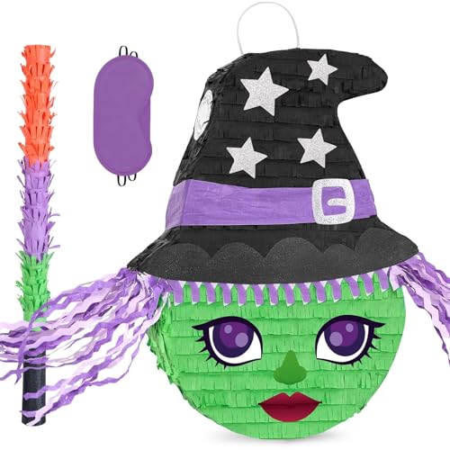 WERNNSAI Halloween Witch Pinata - Green Witch Pinata Halloween Party Games for Kids Costume Party Decor Favor School Scary Game Wizarding World Party Supply with Bat & Blindfold