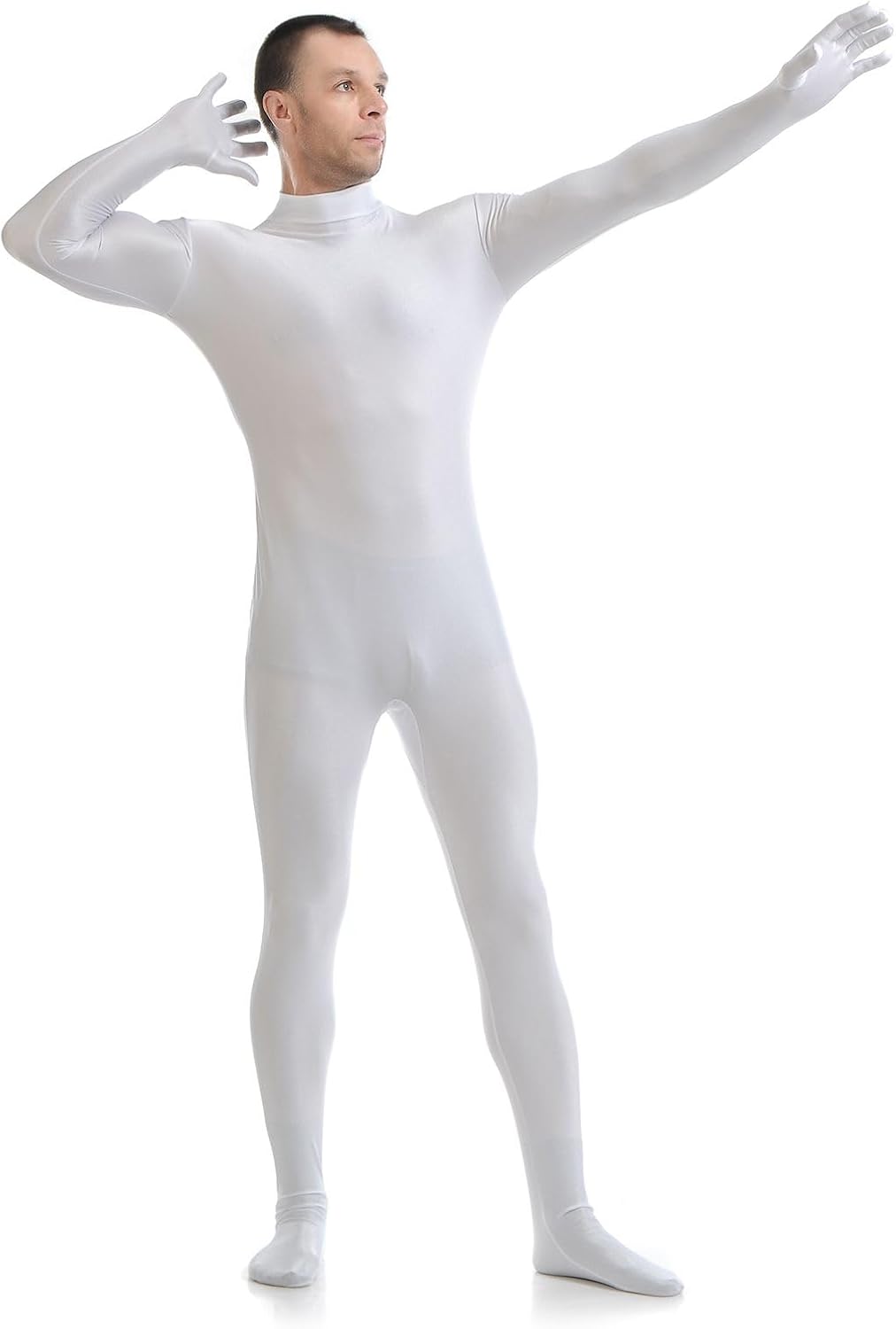 Men‘s One-piece Costume Without Hood Full Body Zentai Spandex Unitard White Second Skin Body Suit Fancy Dress, White, XL/175-185cm
