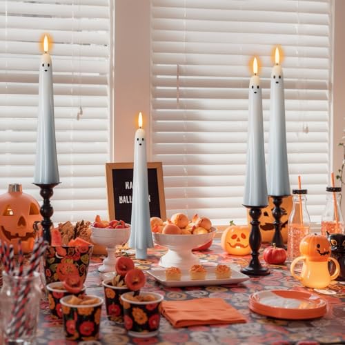 Image of Halloween Ghost Flameless Taper Candles Flickering Battery Operated with Remote and Timer 3D Wick White Real Wax LED Taper Candles Halloween Dinner Decoration Indoor(2 Pack, 0.79 inchD x 9.5 inchH)