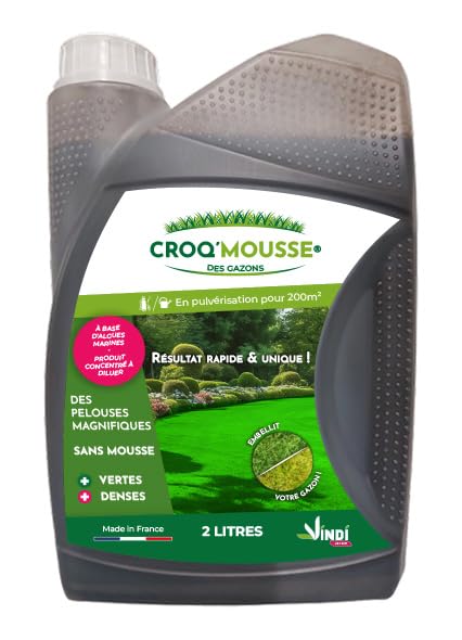 VINDI JARDIN - CROQ'MOUSSE des gazons – Engrais liquide organo-minéral 3 en 1 – Pelouse « sans mousse/+verte/+dense » - bidon 2L – Traitement pour 200m2 –...