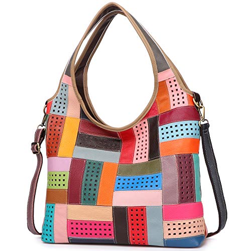 Women Multicoloured Handbag Leather Hollow Stitching Shoulder Satchel Purse Tote