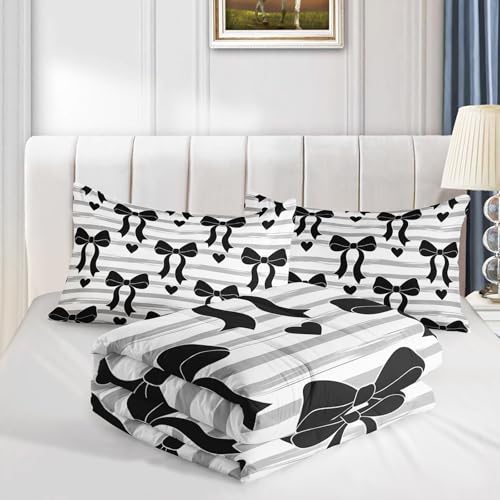 Image of AILONEN Black Bow Comforter Twin 3 Piece Monochrome Stripe Bedding Aesthetic Ribbon Heart Quilt Soft Microfiber Padded Blanket Girls Dorm Decor Trendy White Coverlet 2 Pillowcases
