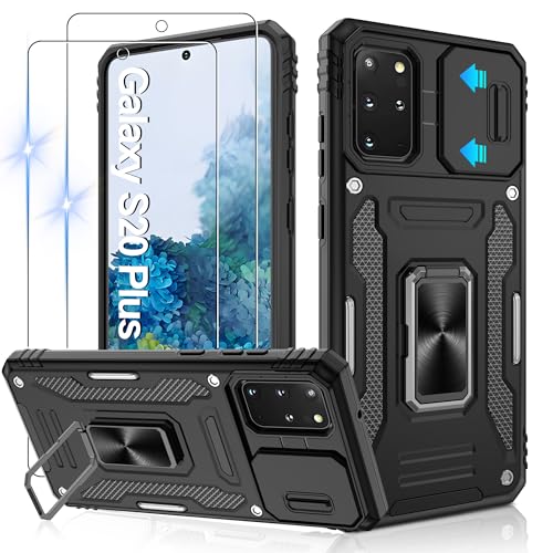 Jshru Hülle für Samsung Galaxy S20 Plus Handyhülle Kameraschutz mit 2 Stück Schutzfolie Militärstandard Stoßfest Schutzhülle 360° Metall Ring Ständer Case für Galaxy S20 Plus,Schwarz