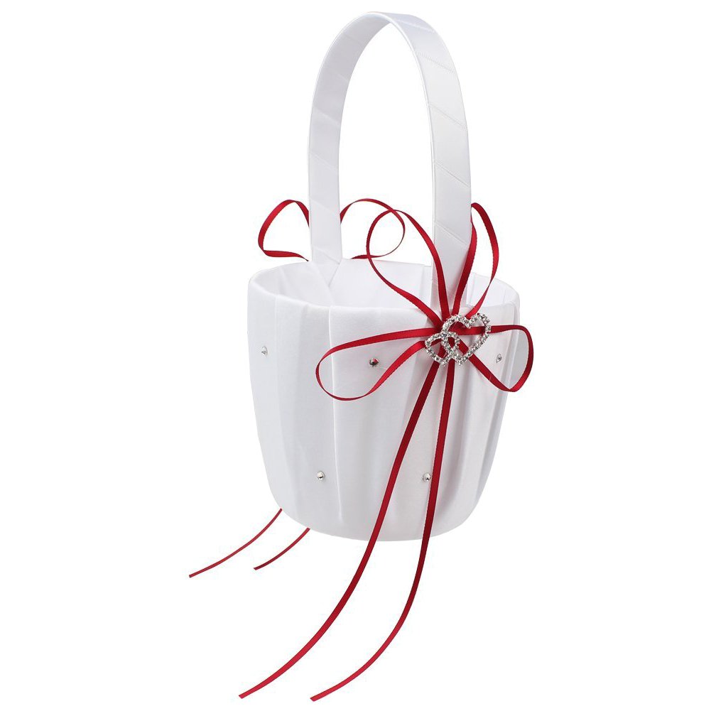 CTRLZS Double Heart Wedding Flower Girl Basket White Satin Rhinestone Decor Red Wedding Ceremony Party Favor