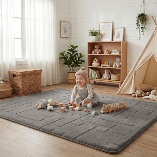 Image of Baby Play Mat for Floor, 1.3 inch Thick 79x158 Plush Soft Foam Mats for Toddler Kids Crawling, Non-Slip Easy Care Nursery Rug for Playroom Living Room, Light Grey