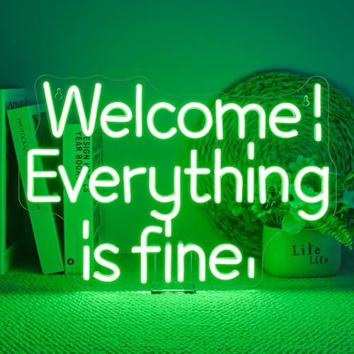 Image of ineonlife Welcome Everything is Fine Neon Sign Light Up for Wall Decor Led Signs for Home Small Acrylic Art Decor for Office Room Bedroom Bar Cafe Friend Gifts Decorations