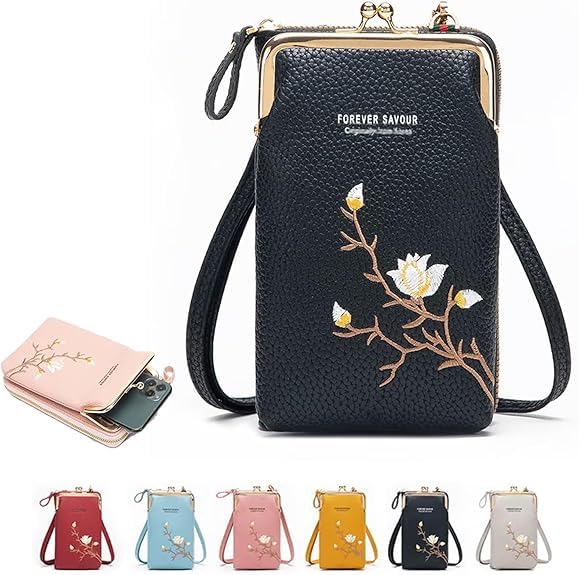 Indefinitet Women Sling Cross-Body Wallet Bag, Declrationun Embroidered Leather Purse, Cell Phone Handbags with Card Slots
