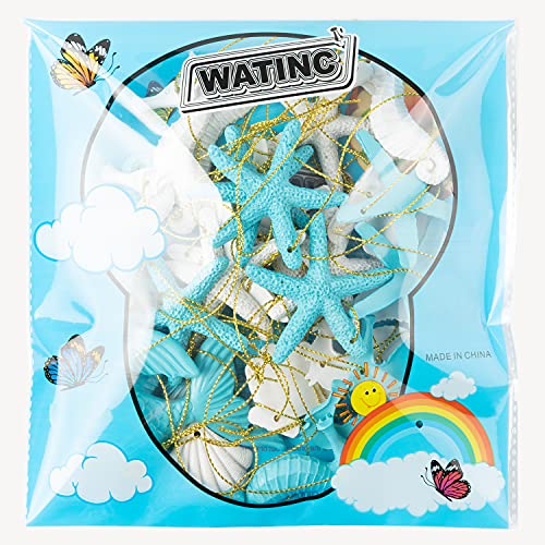Watinc 30Pcs Ocean Themed Hanging Resin Ornament For Summer Party Decoration, Blue White Starfish Seahorse Seashells Mermaid Hanging Tag With Gold Rope For Nautical Theme Holiday Party Favor Supplies #TOP6