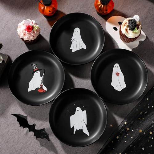 Potchen 4 Pack Halloween ceramic Plates Stoneware Appetizer Ghost Plates Reusable Spooky Round Dinner Dessert Tableware for Serving Table Decor & Gifts Halloween Lovers
