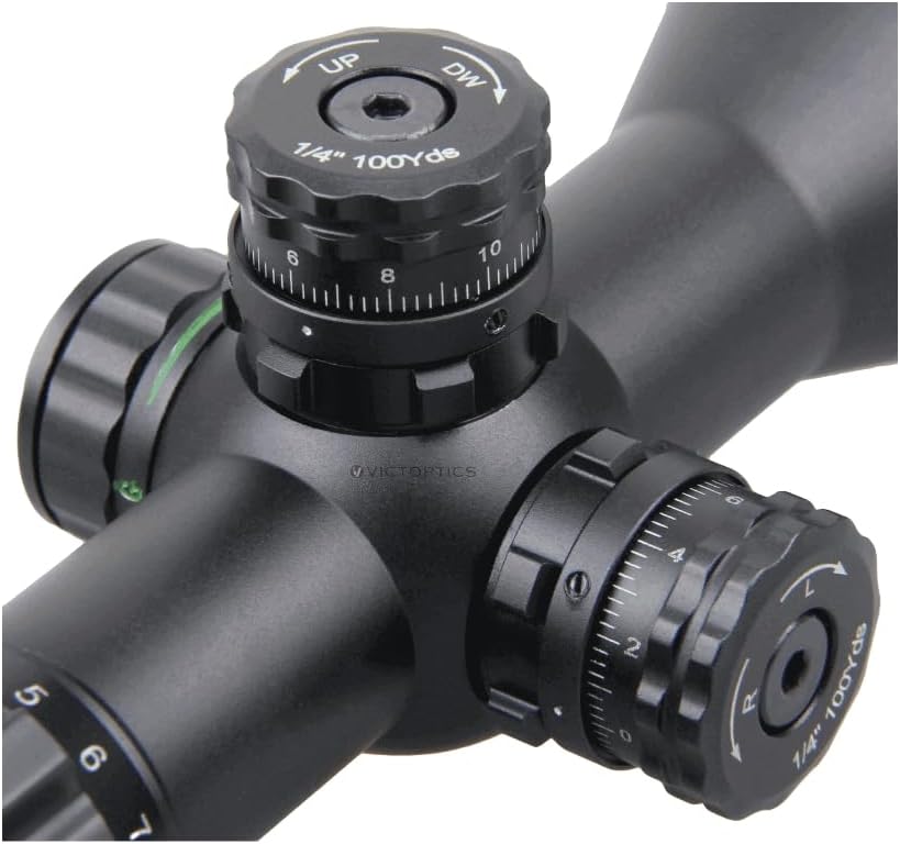 Close-up of the riflescope turrets and illumination control