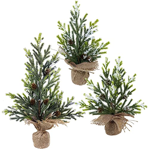 Winlyn 3 Stück Mini-Künstlicher Tannenbaum mit Jute-Basis, kleine Tisch-Weihnachtsbäume mit Tannenzapfen, 37.1 cm hoch, für Geschenke, Bauernhaus, rustikale Weihnachten, Urlaub, Tischdekoration Cover
