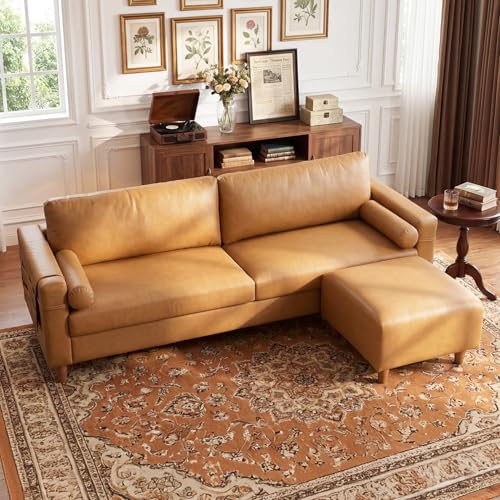 Image of Vesgantti 100 inch Faux Leather Sofa with Movable Ottoman, Large 3 Seater L Shaped PU Leather Couch with Side Pocket, Comfy Mid Century Modern Modular Sectional Sofa for Living Room, Apartment, Camel
