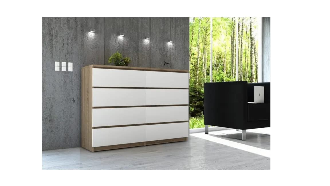 BDW Commode, 8 tiroirs, grand espace de rangement, penderie, couloir, salle de bain, commode multifonction, dimensions : 120 x 99 x 40 cm (chêne Sonoma - Blanc)