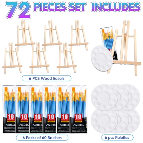 Image of AROIC 72 PCS Professional Painting Set with Easels, 6 PCS Wood Easels,6 Packs of 60 Brushes with Nylon Brush Head and 6 pcs Palettes, Painting Supplies kit for Kids & Adults to Paint Party.