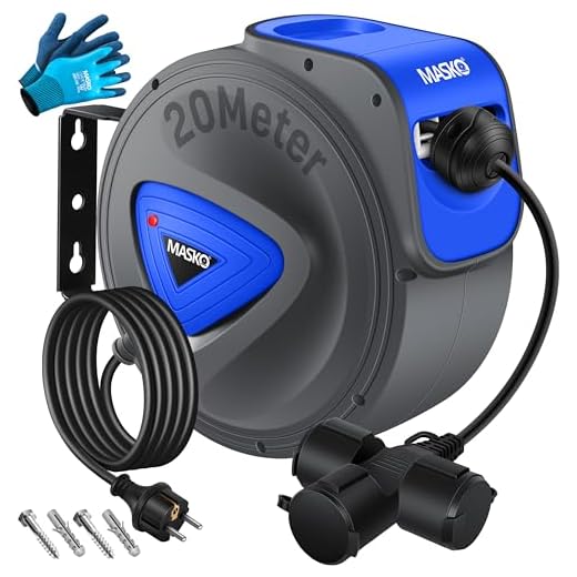 MASKO® Enrouleur de câble automatique, 20 m, avec connecteur à 3 positions, rotatif à 180 °, câble d'alimentation de 1,5 m, support mural, atelier, enrouleur de câble, enrouleur de câble, enrouleur de
