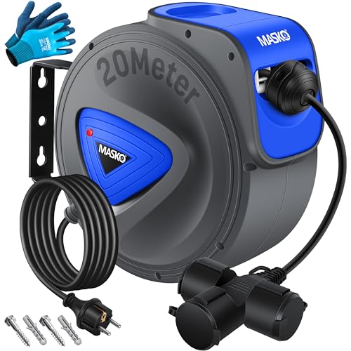 MASKO® Enrouleur de câble/tuyau automatique, 20 m, pour atelier, avec connecteur à 3 positions, rotatif à 180°, câble de 1,5 m, support mural, gants