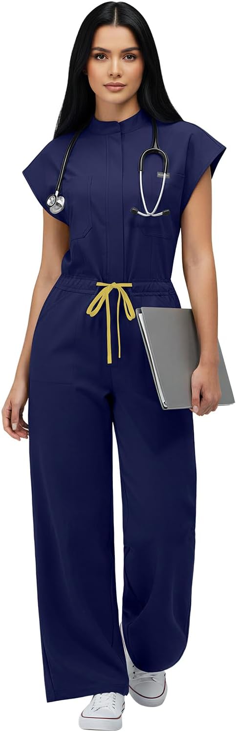 VIAOLI Women's Medical Scrub Jumpsuit - Mandarin Collar, with Drawstring Waist for Nursing Uniforms
