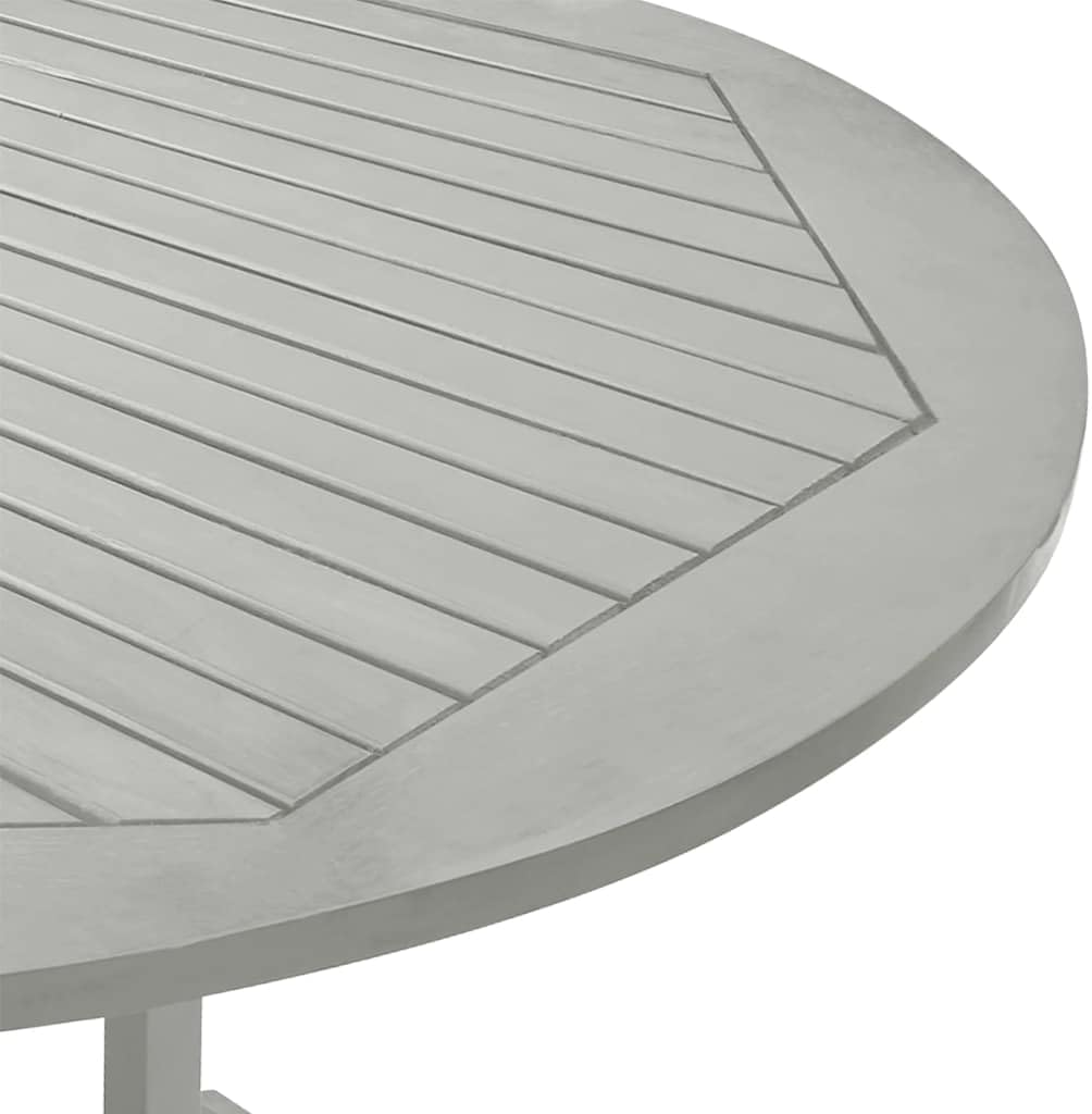 Close-up of the grey washed acacia wood table surface, showing the slatted design.