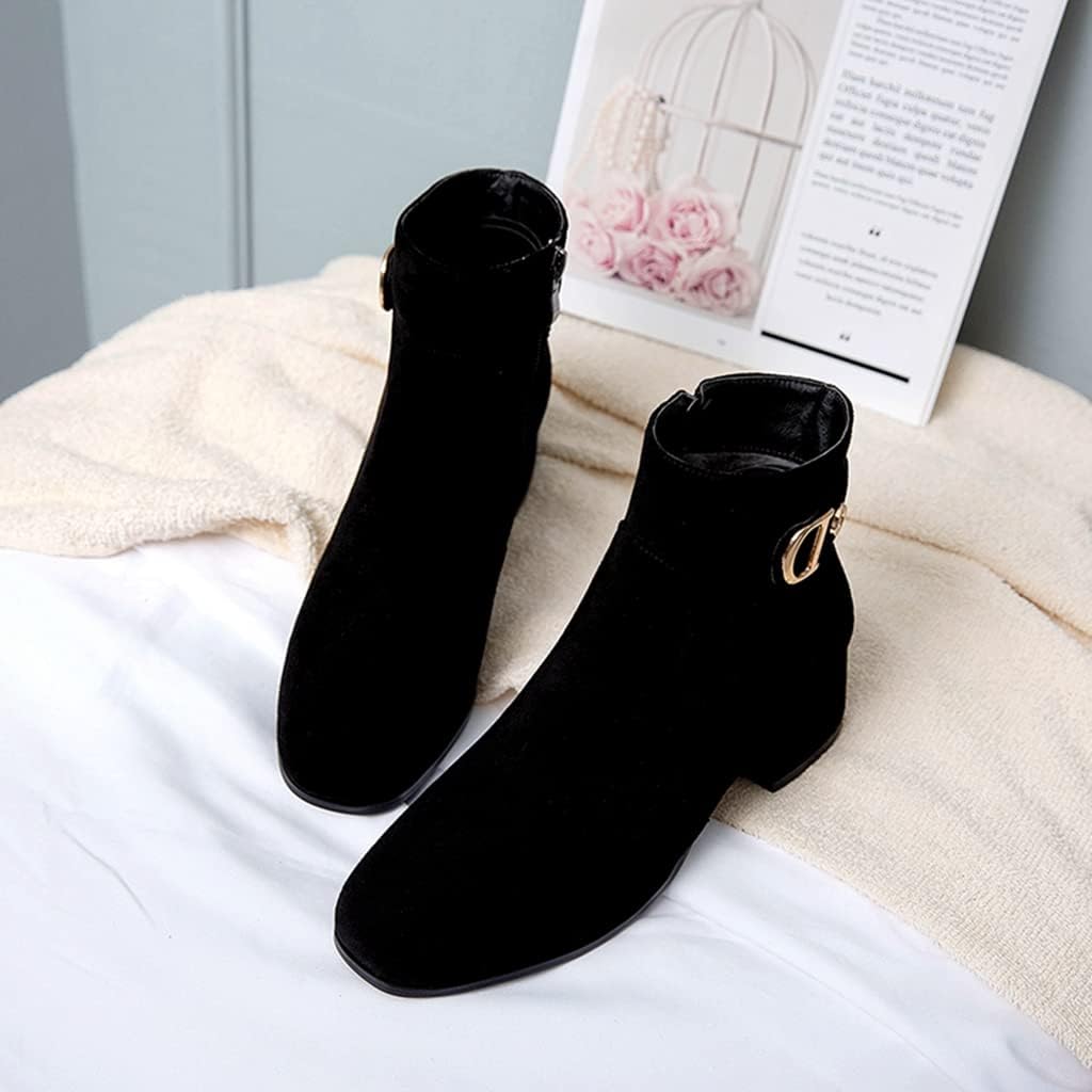 Women's Round Toe Dressy Ankle Boots Suede Metallic Side Zipper Block Low Heels Dress Short Booties