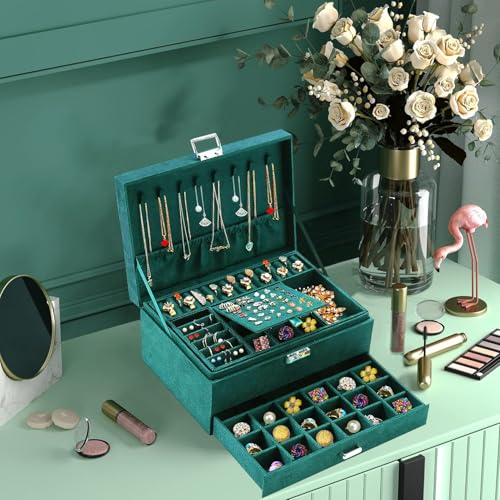 Image of Suede Jewelry Box Organizer For Women Girls,3 Layers Big Jewelry Earrings Organizer Box With Lock Drawer Women Jewelry Display Holder Storage For Earrings Bracelets Necklace Watches-Green