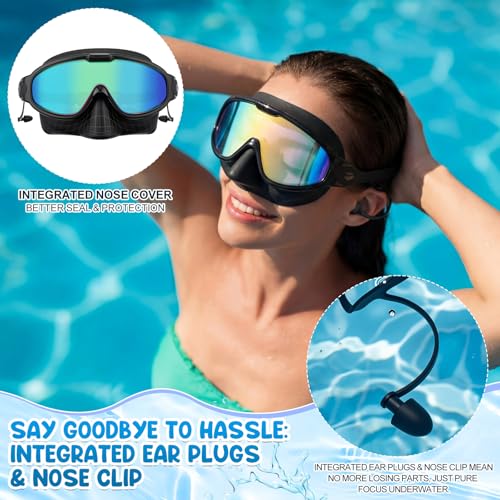 Kanayu 2 Pack Swim Goggles with Nose Cover Earplug for Adult Wide View Anti Fog UV Swim Goggle No Leaking Diving Mask for Men Women (Colorful Green Gold,Silver) by Kanayu - Image 4