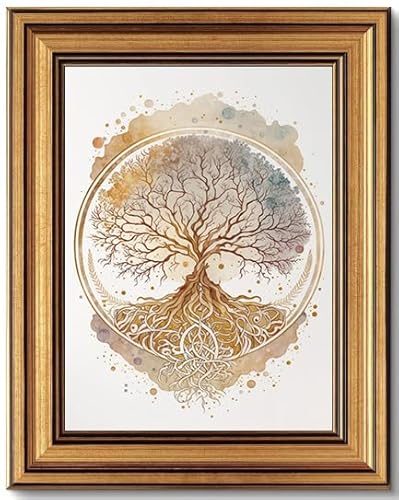 Vintage Gold Framed Tree of Life Canvas Wall Art, Neutral Zen Poster Print Artwork, Abstract Tree Painting Picture Wall Decor, for Living Room, Yoga Room, Hotel, Bedroom, Home Decoration, 12x16in