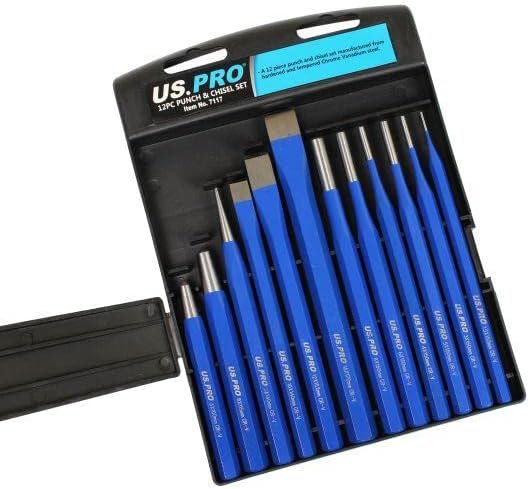 US PRO Tools 12pc Punch & Chisel Set Centre Long Tapered Punches Cold Chisels 7117